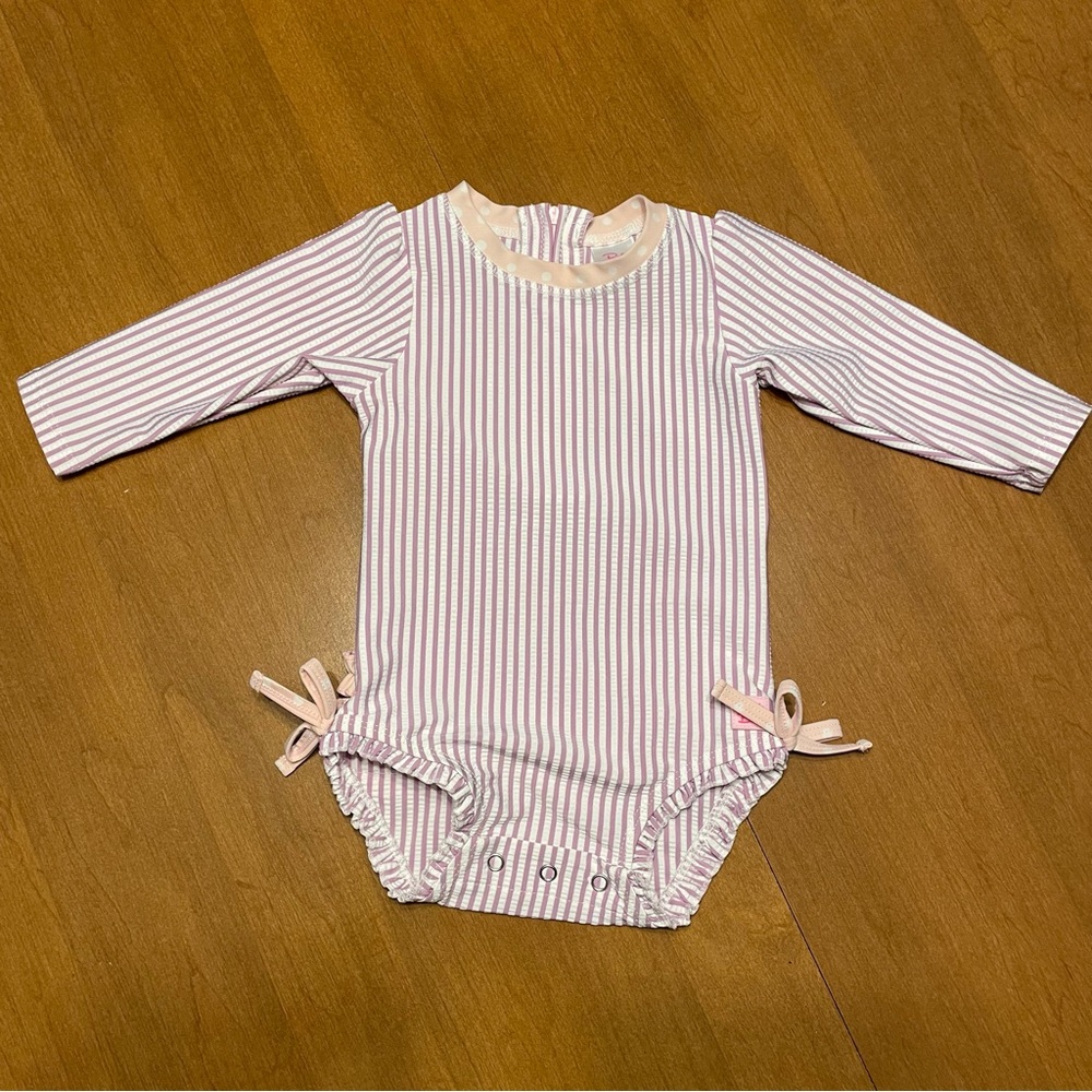 Ruffle Butts Striped Rashguard Pink Purple 6-12M Baby Girl One-Piece Swimsuit
